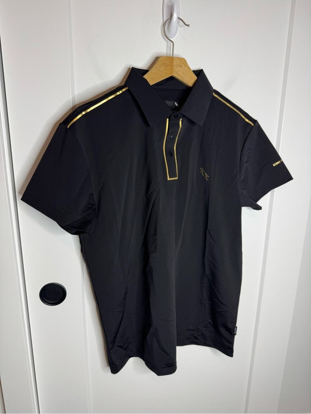 Stone Falcon Polo Collared Short Sleeve Shirt Black Gold Size Medium